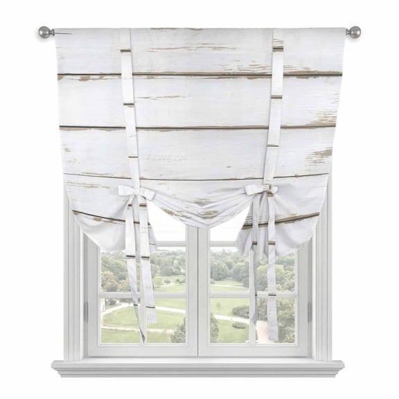 White Wood Grain Balloon Curtains for Bedroom/Front Door/Bathroom, Vintage Farmhouse Wooden Board Tie Up Curtains 63 Inch Length Light Filtering Kitchen Curtains Shades for Windows 46"x63"