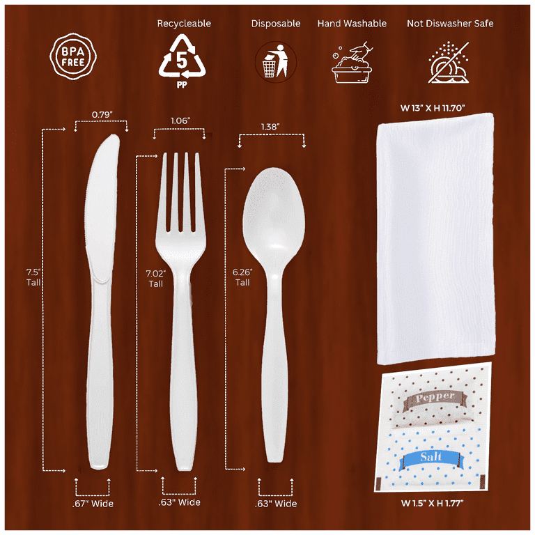 Heavy Duty Bulk 50 Pack Individually Wrapped Heavy Weight White Plastic Cutlery (Forks Spoons Knife Napkin Pepper salt)