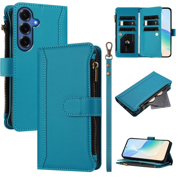 Premium Wallet Case for Samsung Galaxy A17 5G, PU Leather Flip Cover with Card Slots Zipper Pocket Kickstand Lanyard & Shoulder Strap Heavy Duty Protection Rugged Phone Case, Blue