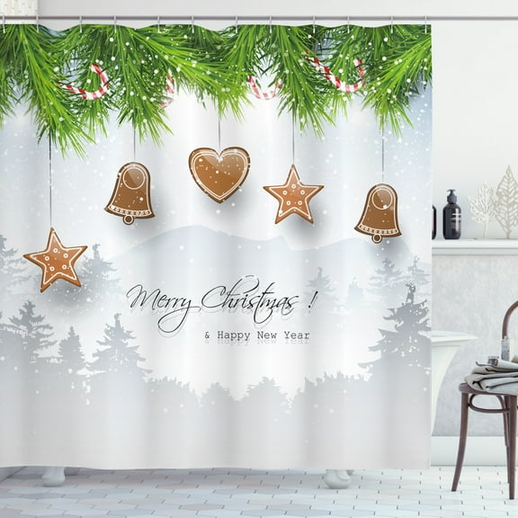 Ambesonne Christmas Shower Curtain, Gingerbread Fir Tree, 69"Wx75"L, Pale Brown Pale Grey