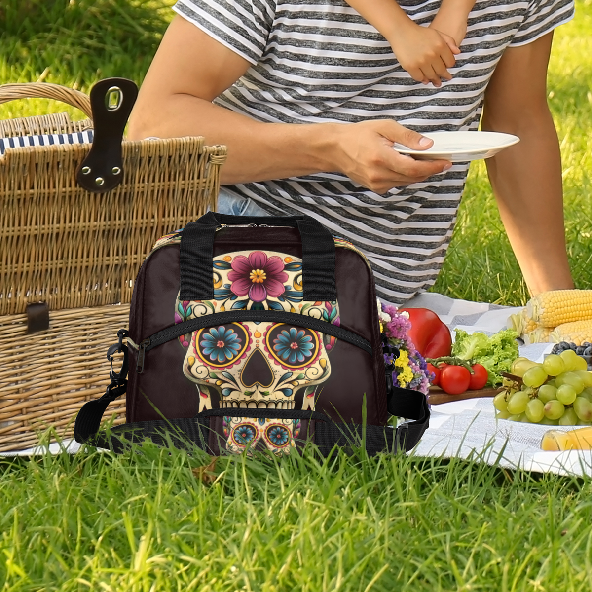 Herdesigns Day The Dead Skull Halloween Insulated Lunch Bag for Women Men Adults Large Reusable Lunch Box Leakproof Portable Cooler Tote Bags with Adjustable Shoulder Strap