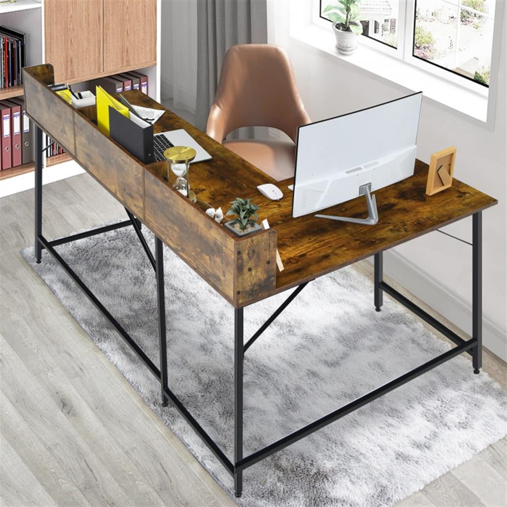 Demi Bonn 5.5" L-shaped Computer Desk with Bookshelf, Small Home Office Desk Study Writing Table, Brown