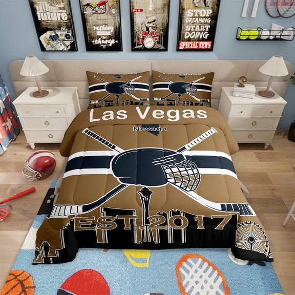 Ice Hockey Comforter Twin Size, Ice Hockey Bedding Set Hockey Lovers Comforter Sets Sports Ball Game Duvet Insert with 1 Pillowcase for Winter Sports Fan(Las Vegas)