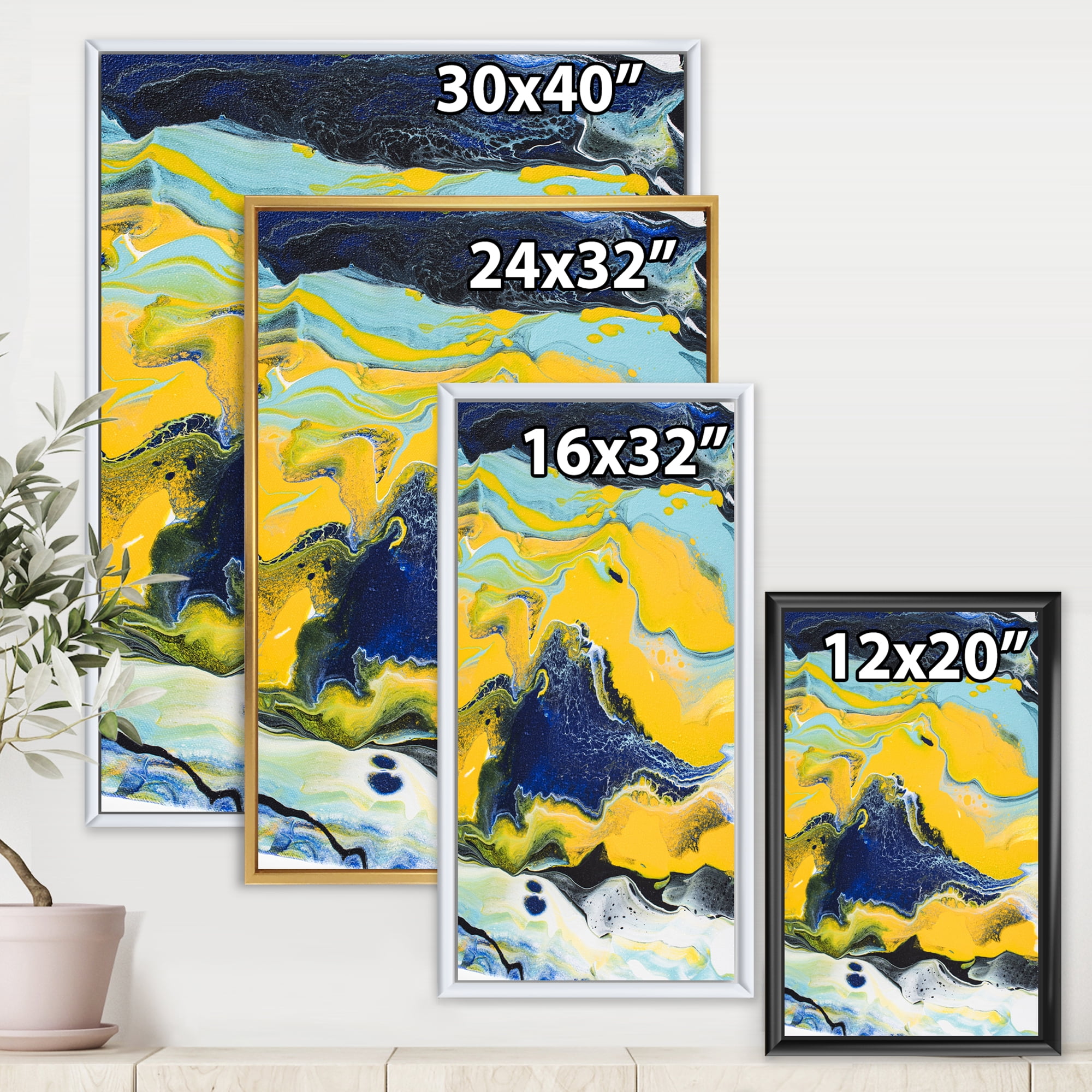 Designart 'Abstract Marble Composition In Blue and Yellow I' Modern Framed Canvas Wall Art Print