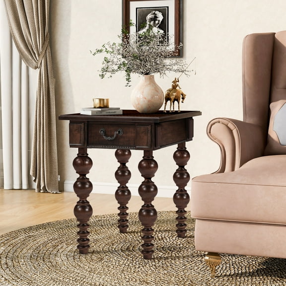 Solid Wood End Table with Drawer, Vintage Narrow Sofa Side Table with Spindles Legs, for Living Room, Easy Assembly, Espresso