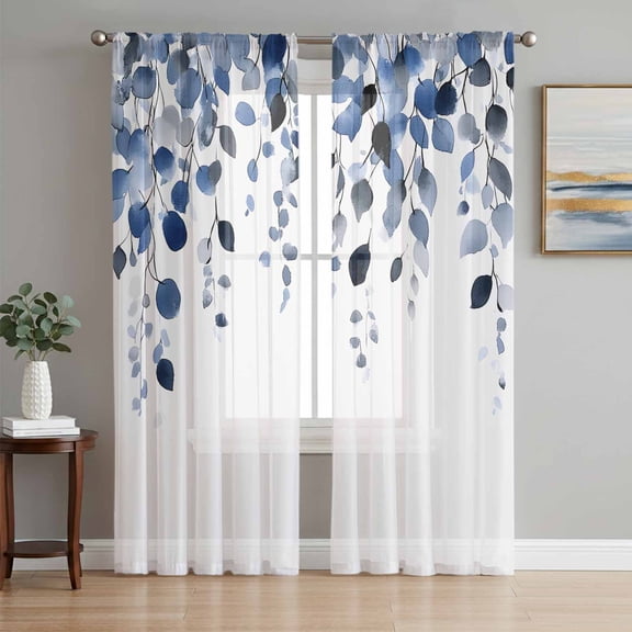 Blue Eucalyptus Leaves Sheer Curtains 84 Inch Length 2 Panels Set, Summer Botanical Watercolor Voile Window Treatment Rod Pocket Curtains Sheers Drapes for Bedroom/Living Room/Kitchen 52"x84"x2