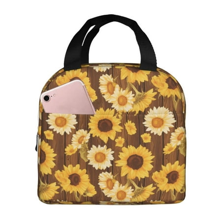 Insulated Lunch Bag for Women Men - Vintage Wood Grain Sunflower A Leakproof Cooler Lunch Box for Women Men  Lunch Tote Bags for Work School Picnic Travel