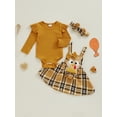 thumbnail image 3 of Raccmtaty Baby Girl Thanksgiving Outfits Solid Color Long Sleeve Romper Turkey Embroidery Suspender Skirts Headband 3Pcs Clothes Set, 3 of 9