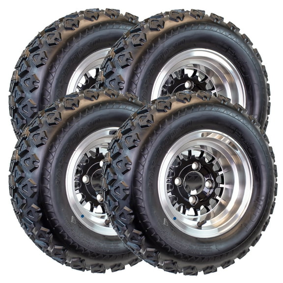 4-Pack 20X10.00-10 Golf Cart ATV Offroad Tire On 10X7 Gloss Black Rim A4 All Terrain Mud Turf