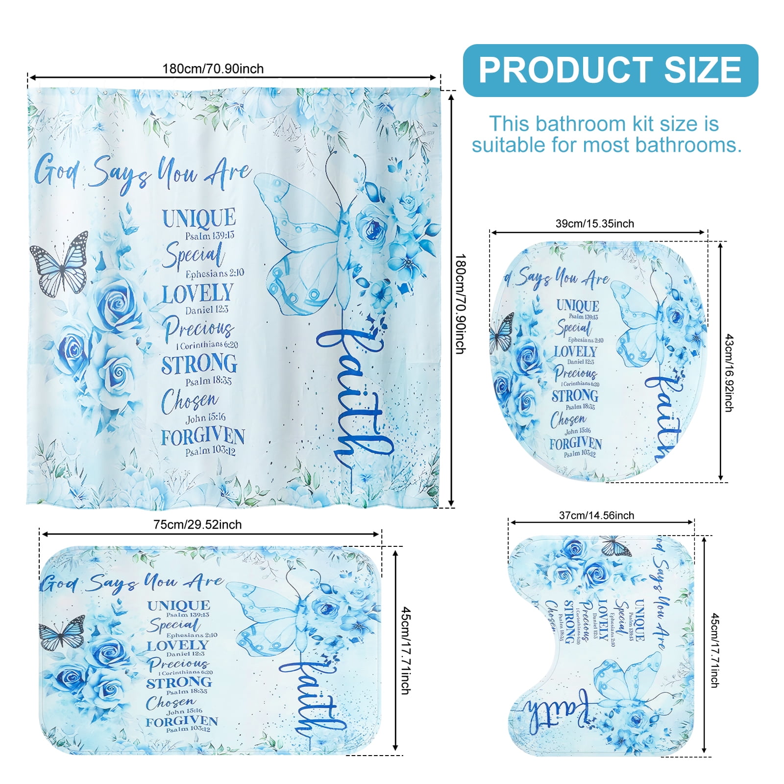Dznils Blue Floral Shower Curtain Sets with Rugs, 16pc Butterfly Bathroom Curtain Set, 72" x 72"
