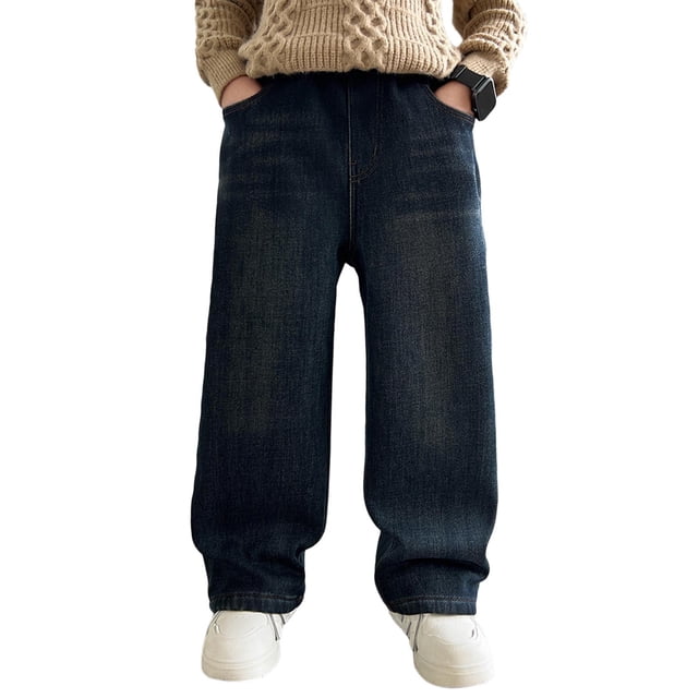 Pantalones vaqueros largos para niños, vaqueros holgados de cintura elástica a la moda, pantalones casuales versátiles, pantalones de mezclilla, pantalones de poliéster para niños