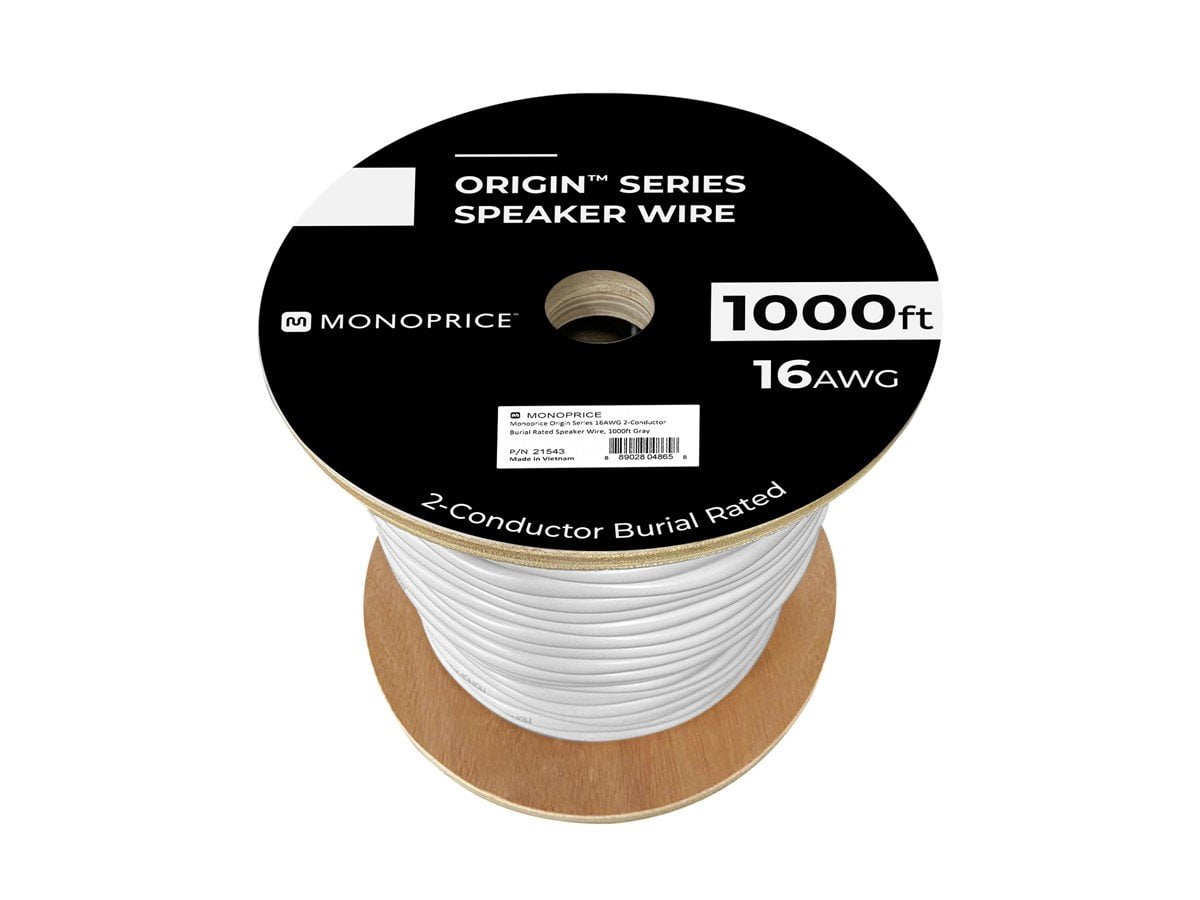 Monoprice Speaker Wire, Burial Rated, 2-Conductor, 16AWG, 1000ft, Gray