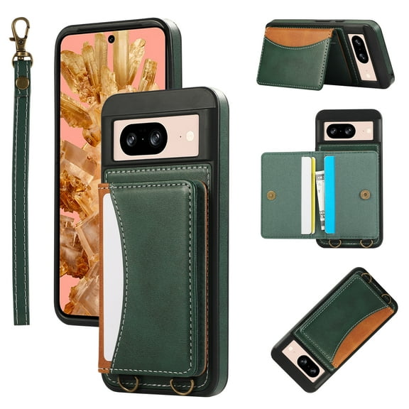 for Google Pixel 8 Wallet Case with Card Holder - PU Leather Case for Women & Girls, Wrist Hand Strap, Secure Finger Ring, Shockproof Protective Phone Cover for Google Pixel 8, Green
