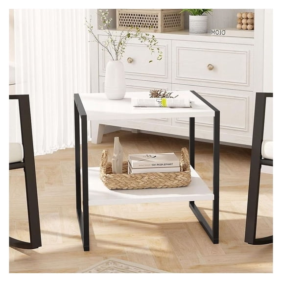 2-Tier Square End Table with Storage - Reversible Design, Modern Side Table for Living Room, Bedroom, Office - White & Black White   Black