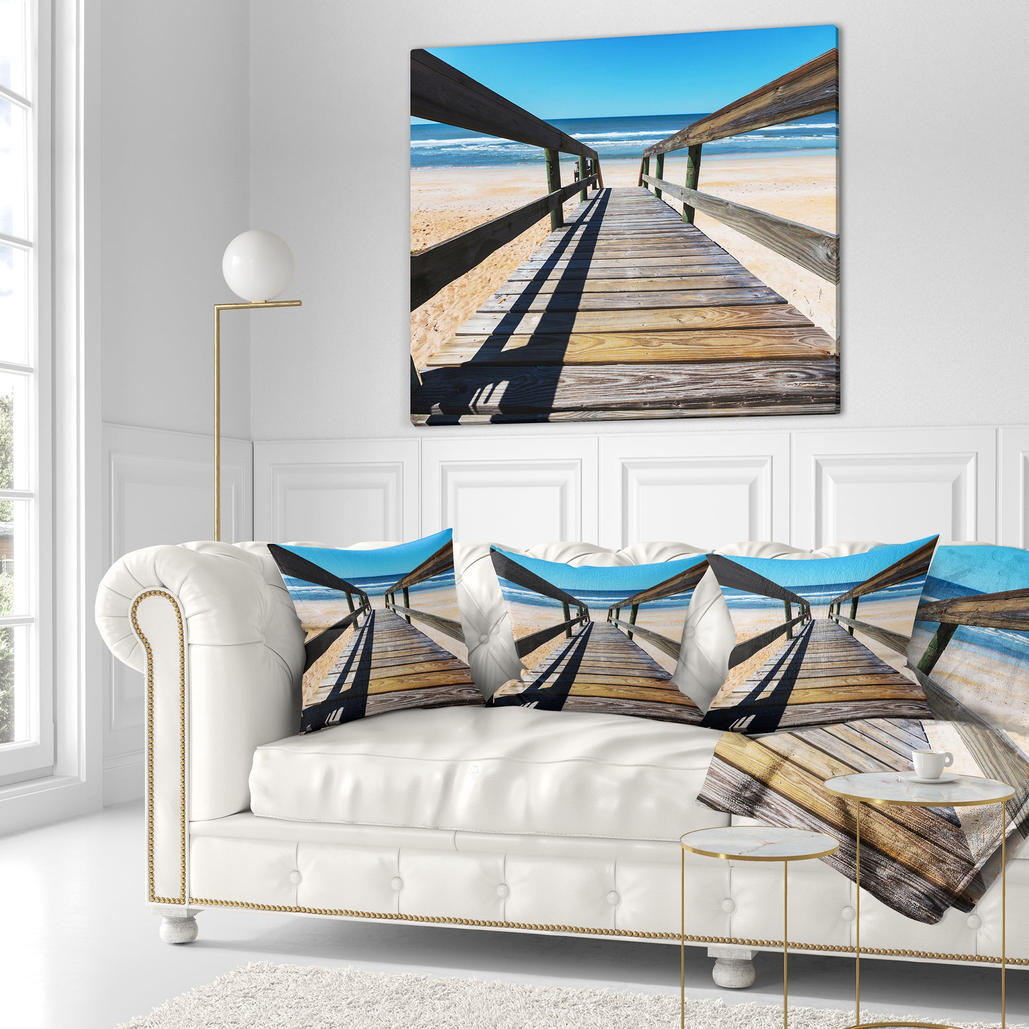 Designart Long Boardwalk into Blue Seashore - Seashore Throw Pillow - 16x16