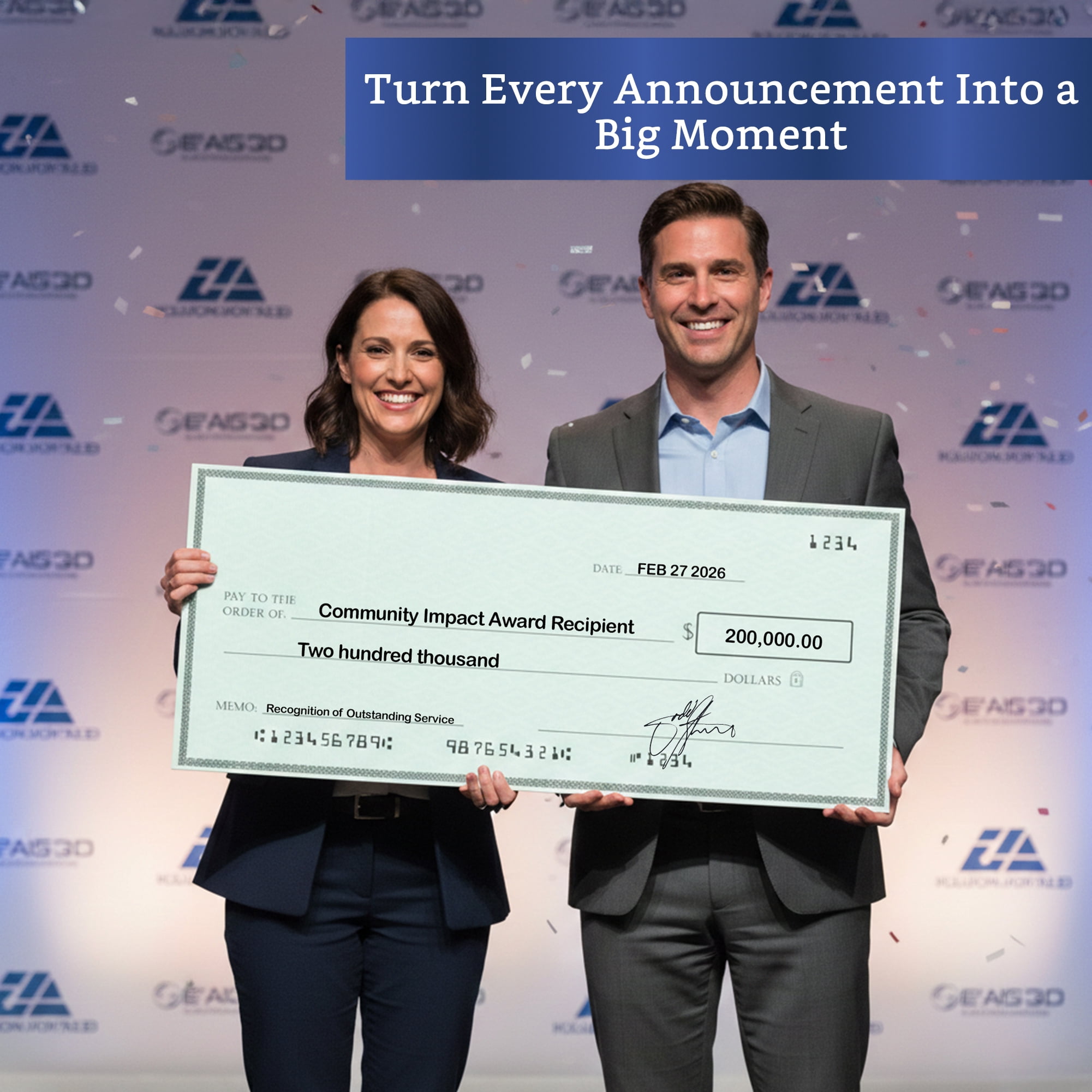 Giant Check (Plastic Cardboard 32 x 13.5 inches) - Big Checks for Presentations, Awards, Donations, Ceremonies and Events