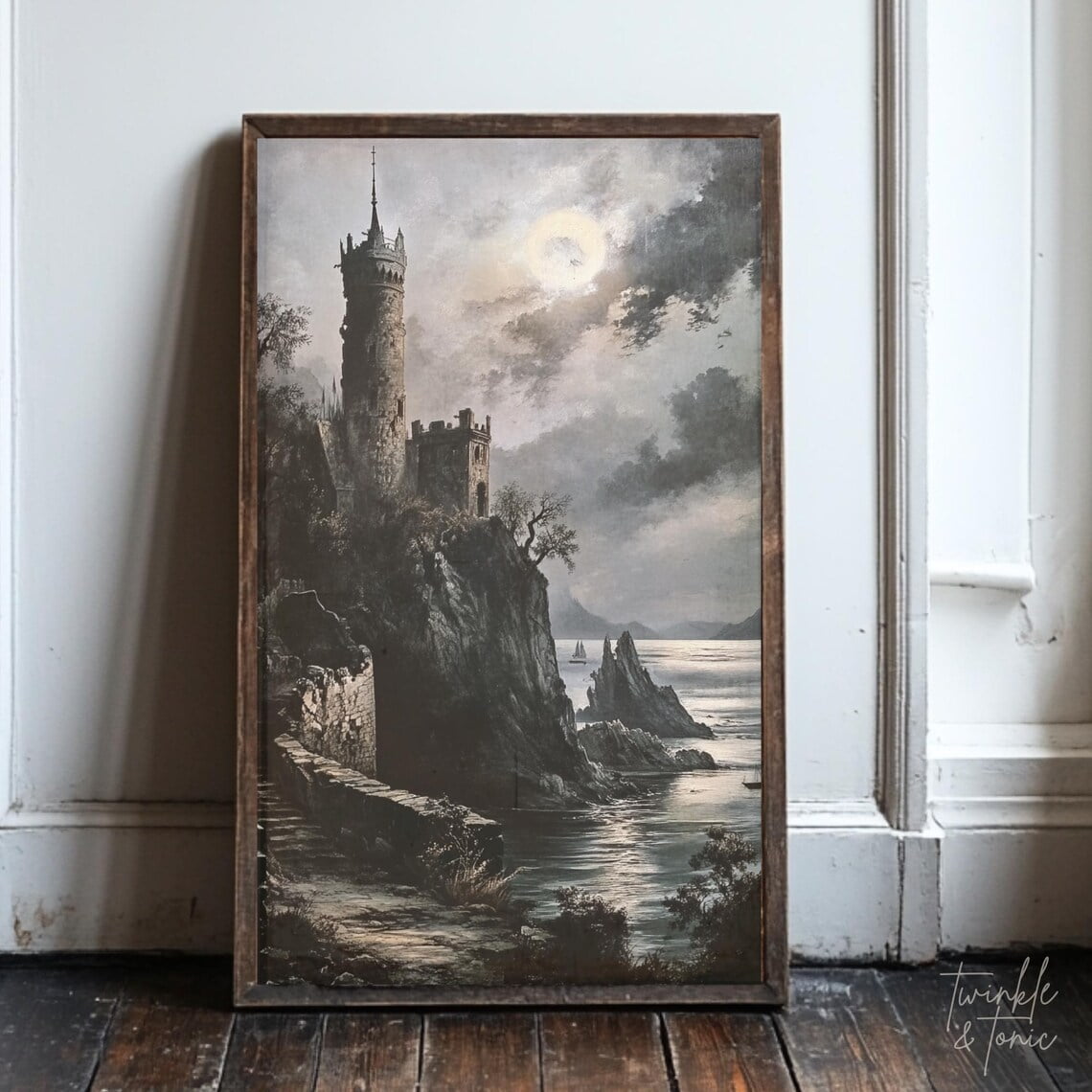 Vintage Castle Seaside Medieval Wall Art Dark Academia Print Antique Coastal Decor Moody Seascape