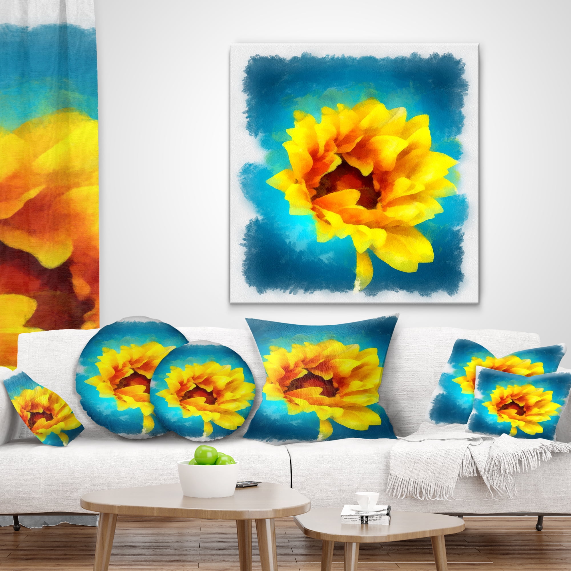 Designart Sunflower on Blue Watercolor - Floral Throw Pillow - 16x16