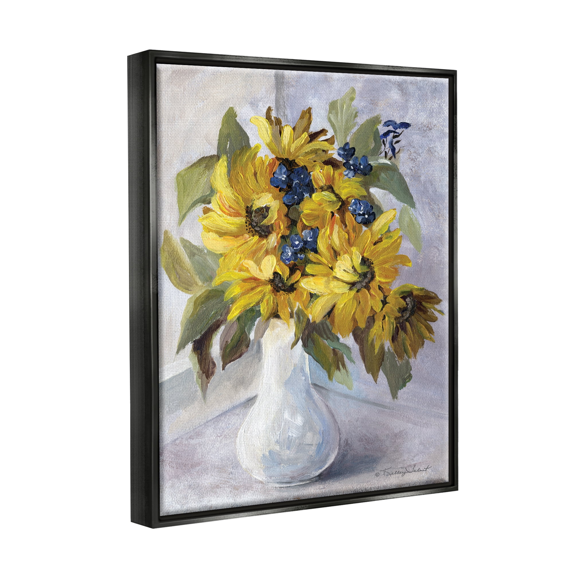 Stupell Yellow Daisies Blue Accent Flower Botanical & Floral Painting Black Floater Framed Art Print Wall Art