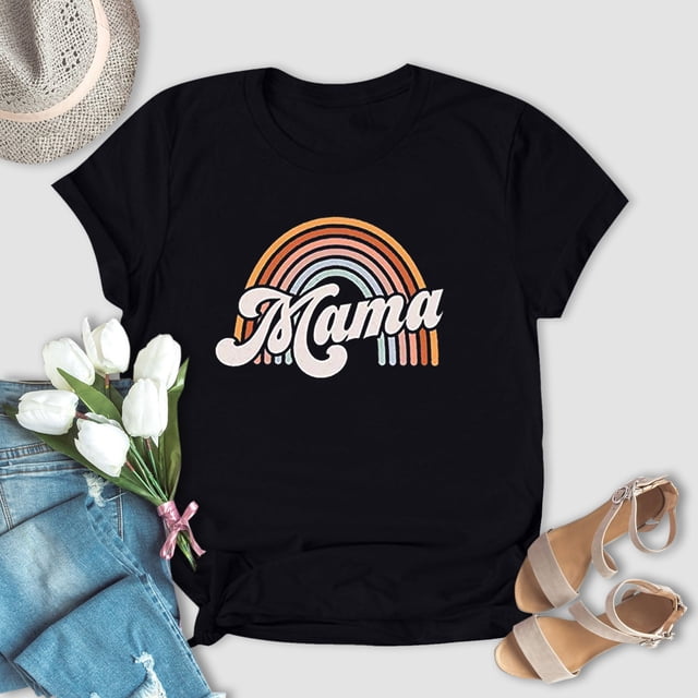 Meichang T-Shirts Graphiques Mama Arc-en-Ciel pour Femmes, T-Shirts Amusants pour la Fête des Mères, Manches Courtes, Col Rond Décontracté, T-Shirts Maman, Hauts, Cadeaux de la Fête des Mères pour Femmes