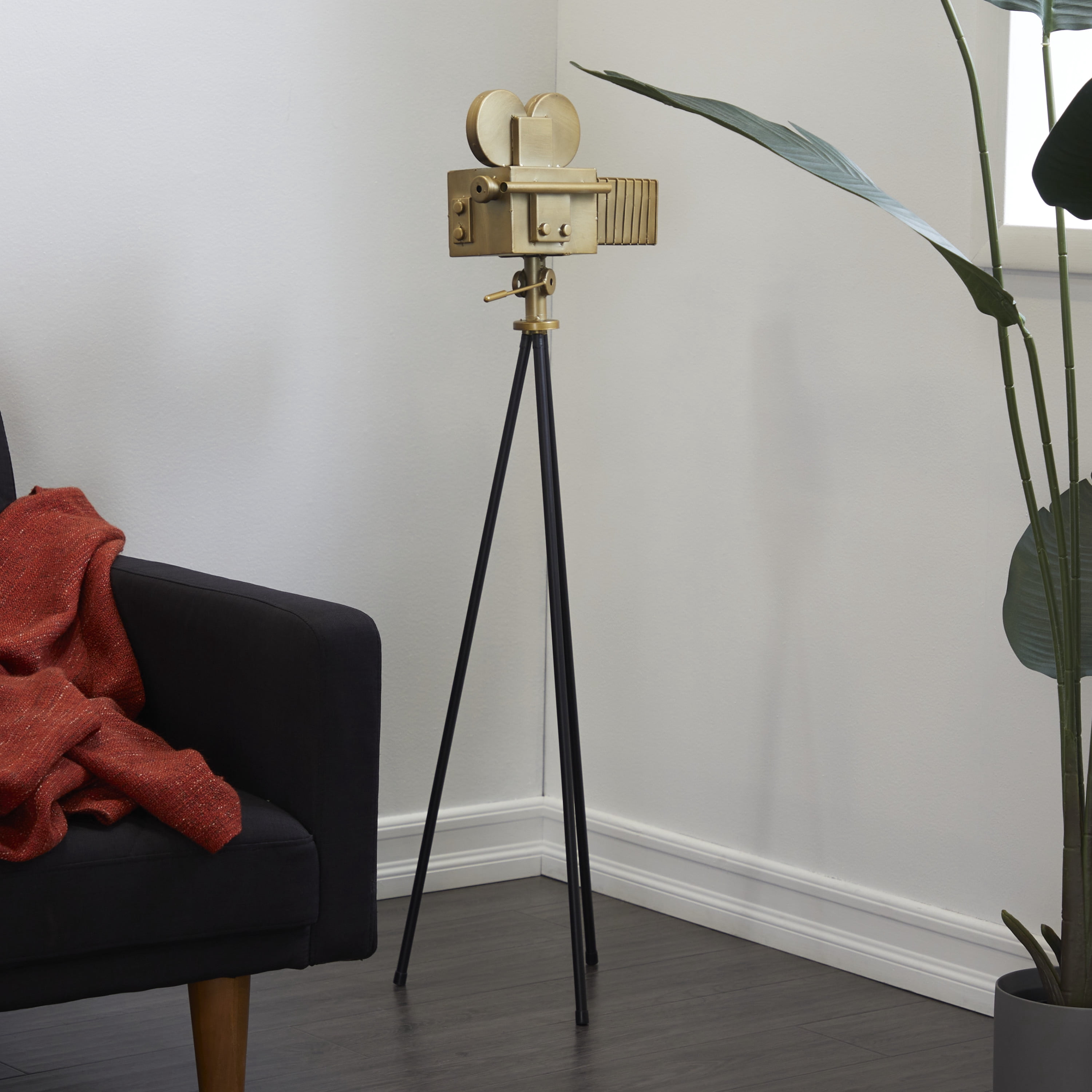 12" x 43" Gold Metal Camera Film Sculpture with Tripod Stand, by DecMode