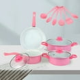 thumbnail image 5 of HUISZJ 13pcs Non Stick Cookware Set, Pink Cooking Fine Iron Multifunctional Pots Set with Wooden Handles, Stackable Stone Pot for All Types of Cooker, 5 of 10