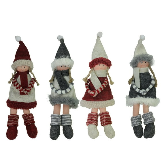 Set of 4 Plush Red Gray and Beige Winter Girls Christmas Doll Ornament Decorations 12"