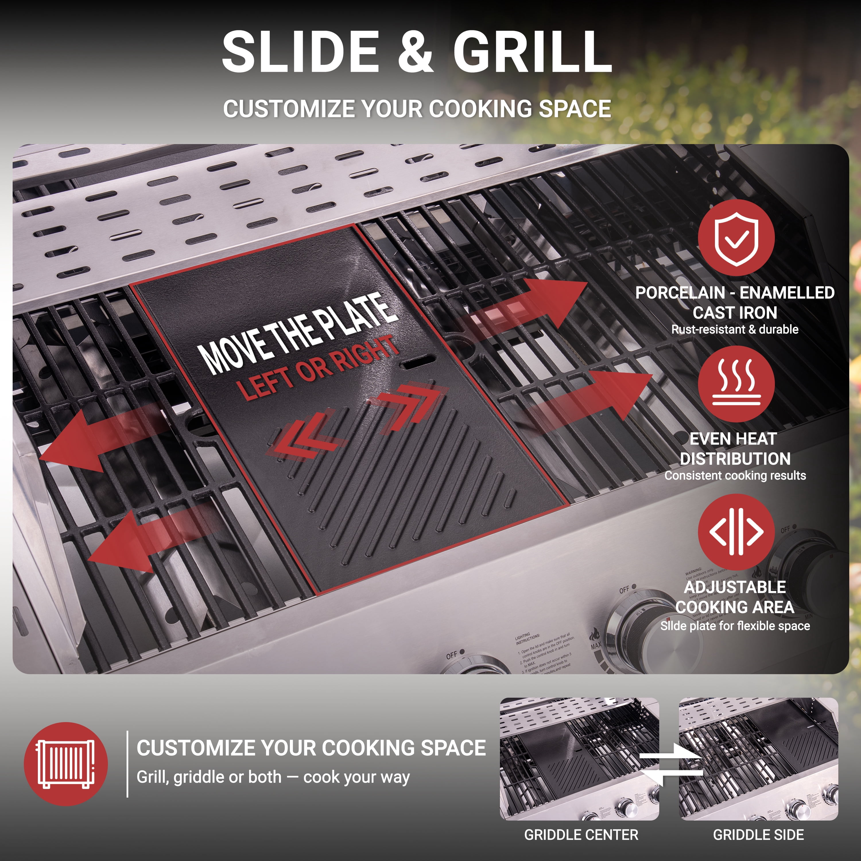 4-Burner Gas Grill and Griddle Combo with Side Burner, 50,000 BTU Propane BBQ Grill with Porcelain-Enameled Cast Iron Grates, Built-in Thermometer, Ideal for Patio Camping Outdoor Cooking