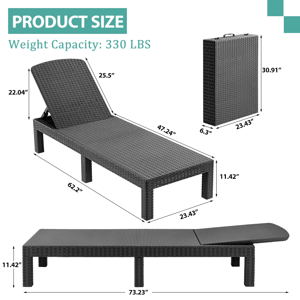 SEGMART Outdoor Lounge Chairs Set of 2, Adjustable Patio Chaise Lounges, Lounger Recliner for Poolside, Backyard, Porch, Quick Assembly, Easy Carrying, Waterproof, 330lb Capacity - Gray - image 3 of 9