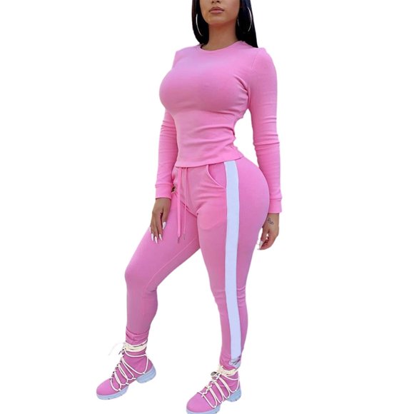 Sunloudy Solid Color Long Sleeve Top + High Waist Stripe Trim Long Pant