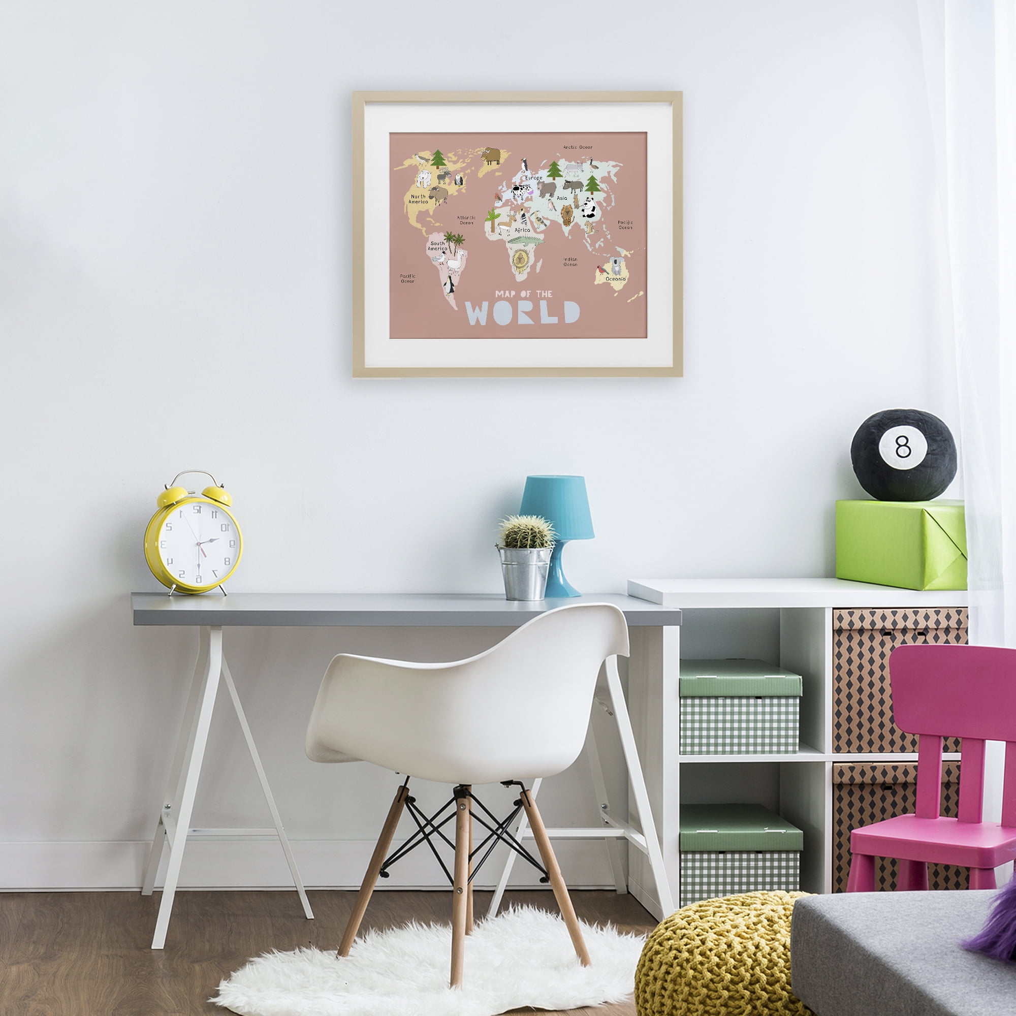 Kid's Map Of World Pink Birch Framed Print Under Glass, design by Carla Daly