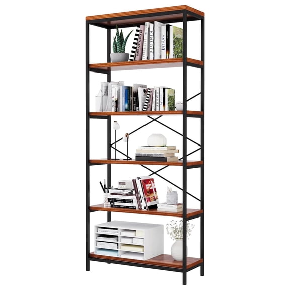 Bookshelf, 6-Tier Industrial Bookshelves, Wood and Metal Bookcase, Free Standing Storage Vintage Bookshelf for Living Room, Bedroom and Home Office, Rustic Brown