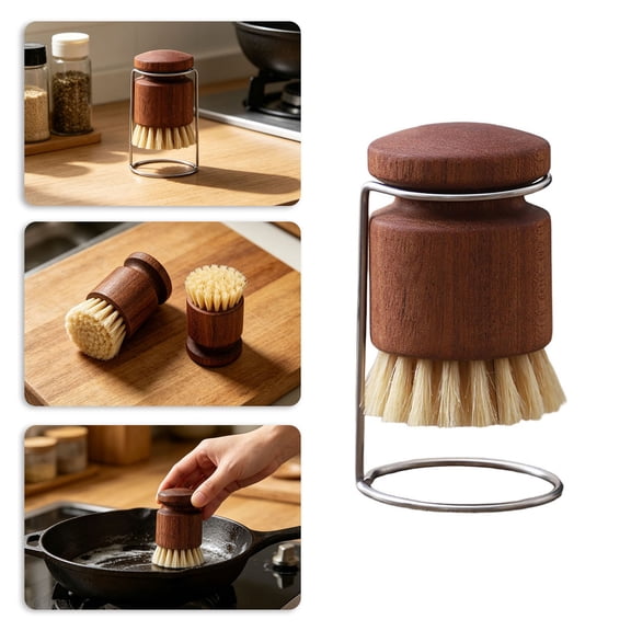 Coconut Fiber Pot Scrubber Brushes with Quick Dry Stand, Rubberwood Handle for Stubborn Pans, Natural Bristle Kitchen Cleaning Brush for Dishes and Cookware, Household Cleaning Supplies