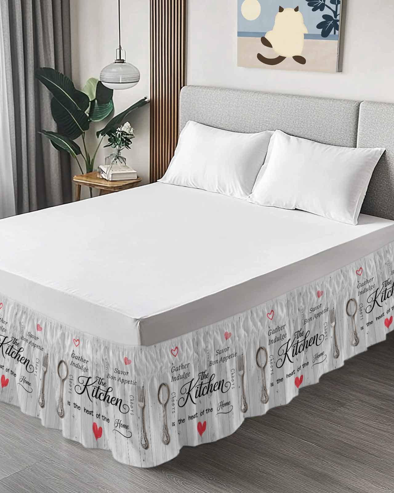 Grey Retro Art Wrap Around Bed Skirts for Queen Bed 16" Drop,Bed Skirt with Adjustable Elastic Belt Dust Ruffle Bed Valance for Bedroom Hotel Spoon Fork Vintage Farmhouse Wooden Bed Frame Cover