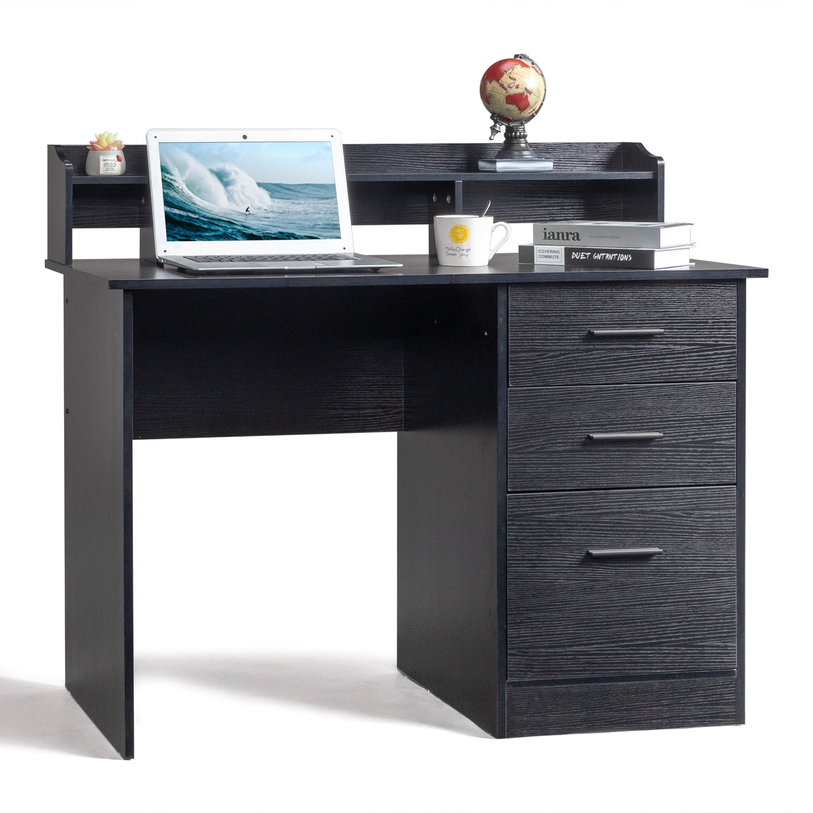 Ktaxon Wood Computer Desk Office Laptop PC Work Table, Writing Desk with 3 Drawers File Cabinet for Letter Size,Black