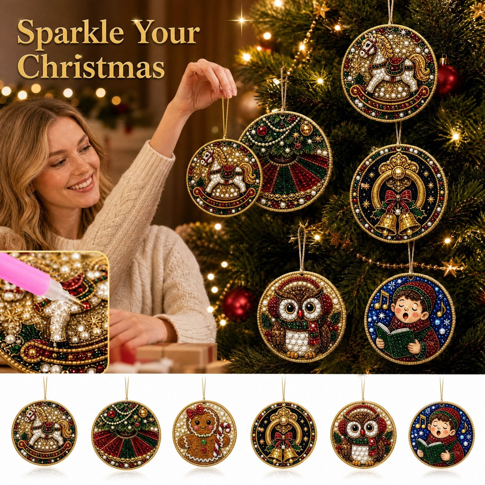 6 Pack Christmas Diamond Painting Ornaments Kit Pearl Sticker Art DIY Craft for Kids Adults Round Hanging Decorations for Tree Holiday Party Gift