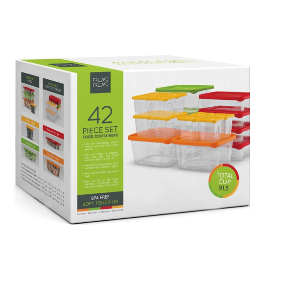 Plas Glas Plastic Reusable Stackable Food Storage Container Set 42 Count