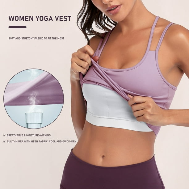 Women 2-in-1 Camisole Sports Bra Removable Pad Criss-Cross Straps Vest Yoga  Fitness Slim Solid Crop Top : : Electronics