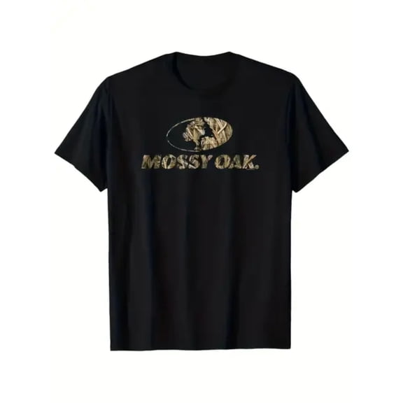 Men's Mossy Oak Camouflage Logo Print Black T-Shirt, Outdoor Style Distressed Logo Pattern Round Neck Short Sleeve Top