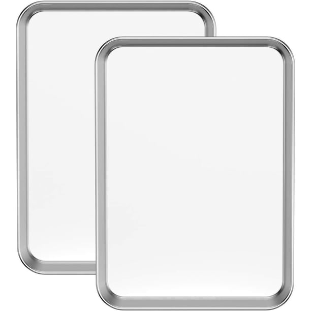 Juego de 2 bandejas para hornear de acero inoxidable, bandejas rectangulares de 25 x 20 x 2,5 cm, saludables y no tóxicas, con acabado de espejo y sin óxido, aptas para lavavajillas.
