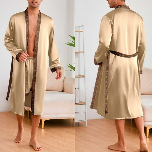RYDCOT Mens Soft Silk Robe Satin Bathrobe with Shorts Set Silky Kimono Robe Beige