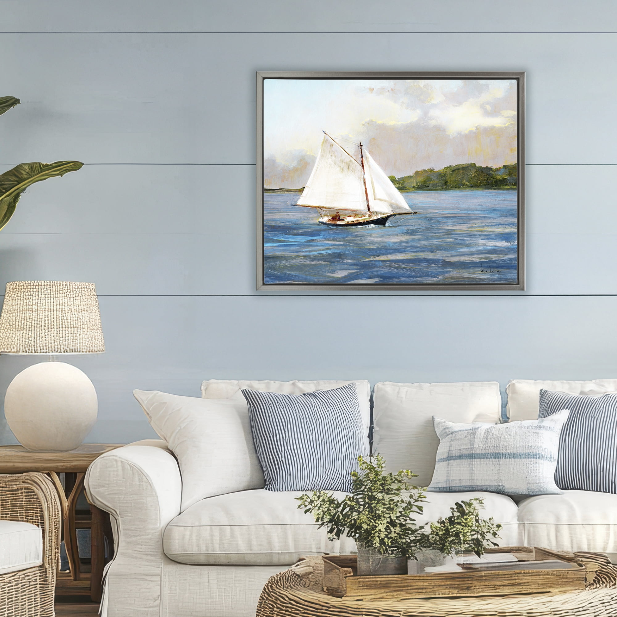 Stupell Industries White Sailboat on Calm Blue Sea Gray Framed Floater Canvas Wall Art, design by Katie Swatland
