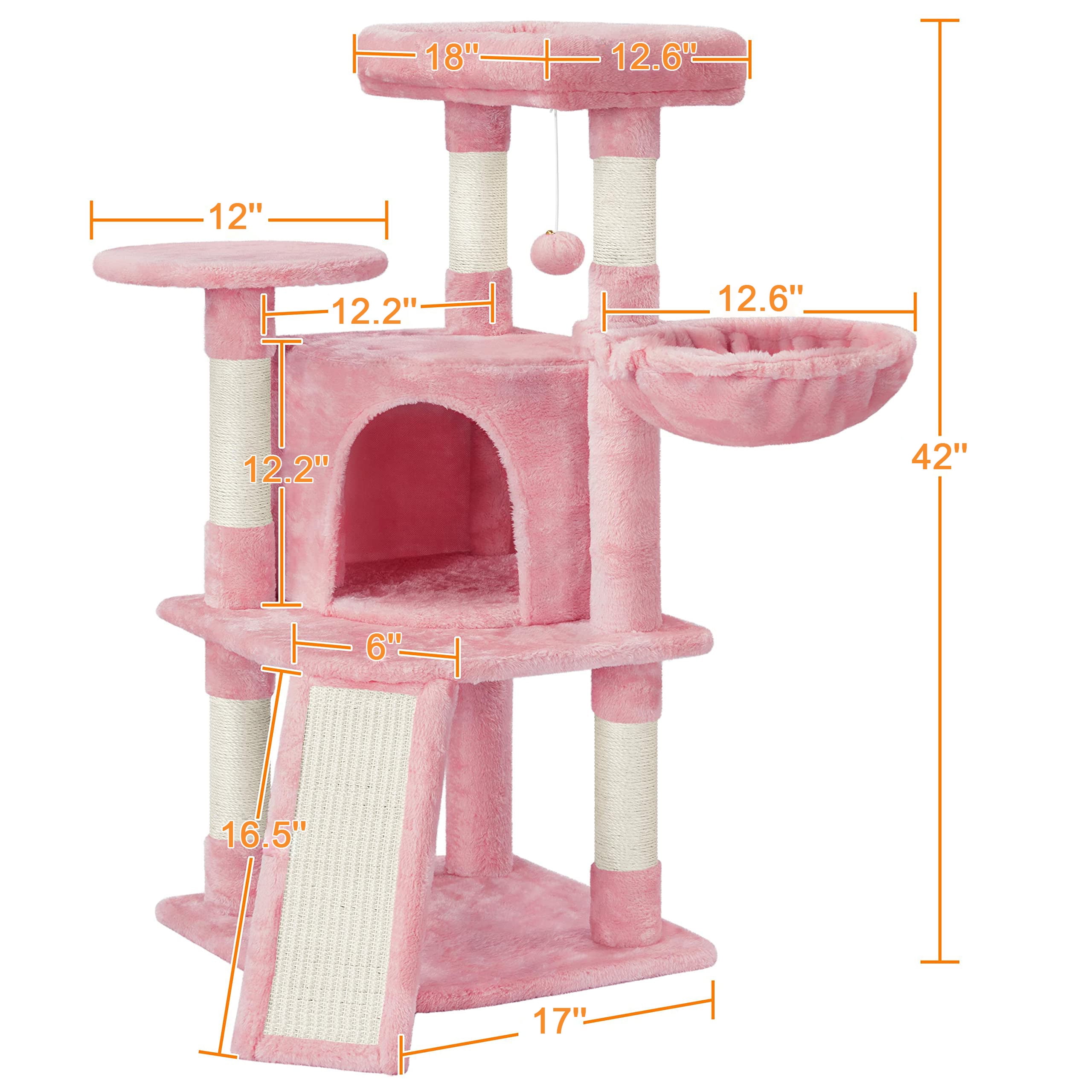 Indoor Cat Tree 42in Tall, Multi-Level Cat Condo with Hammock Perch Scratching Posts, Plush Basket Activity Center, Pet Furniture for Small Cats, Pink