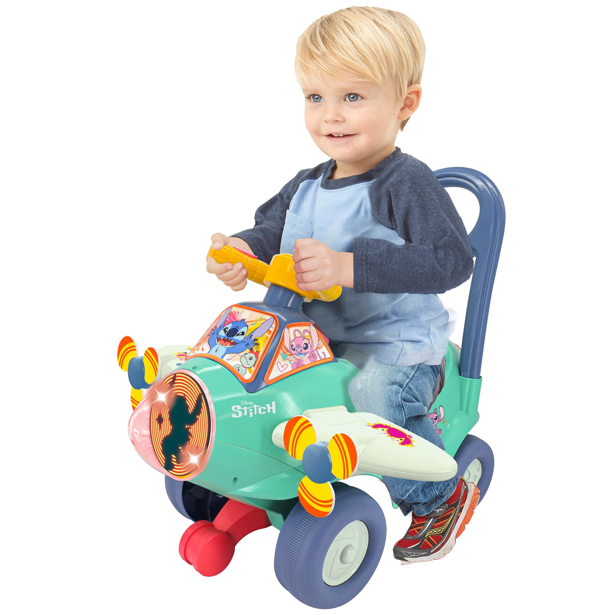 Kiddieland: Animated Lights Activity Plane - Stitch - Disney Lights-Sounds Foot-To-Floor Vehicle, Interactive Steering Wheel, Handle, Toddlers 12-36mo