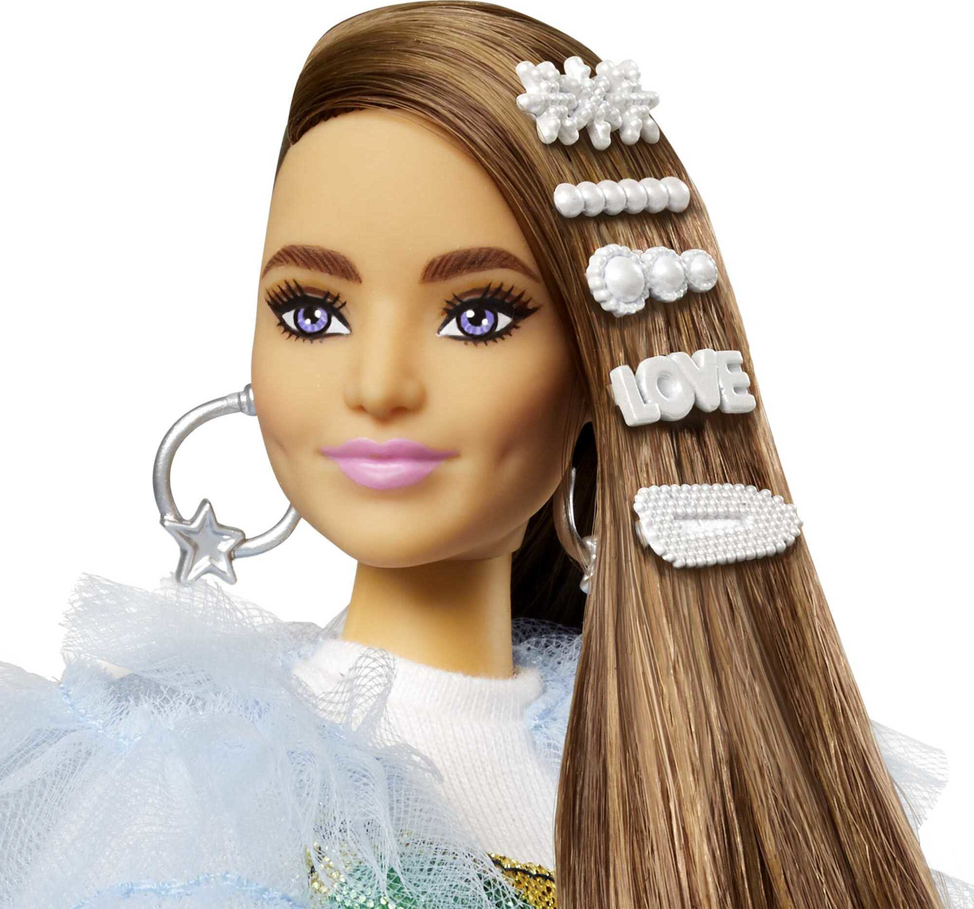 Barbie Extra Fashion Doll with Long Brunette Hair & Bling Clips in Dress with Accessories & Pet - image 4 of 7