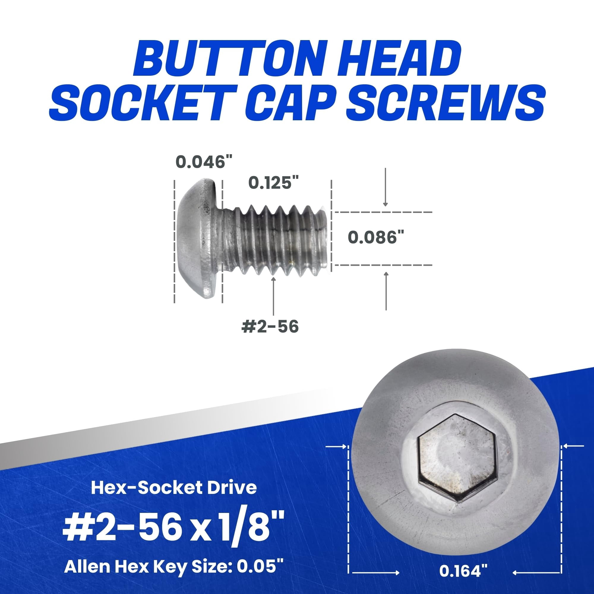 Fastenere Button Head Socket Cap Screws - 2-56 x 1/8" (100 Pack) Stainless Steel 18-8, Full Thread, Bright Plain Finish, Corrosion-Resistant, Machine Thread, Easy to Install w/ Allen Socket Drive