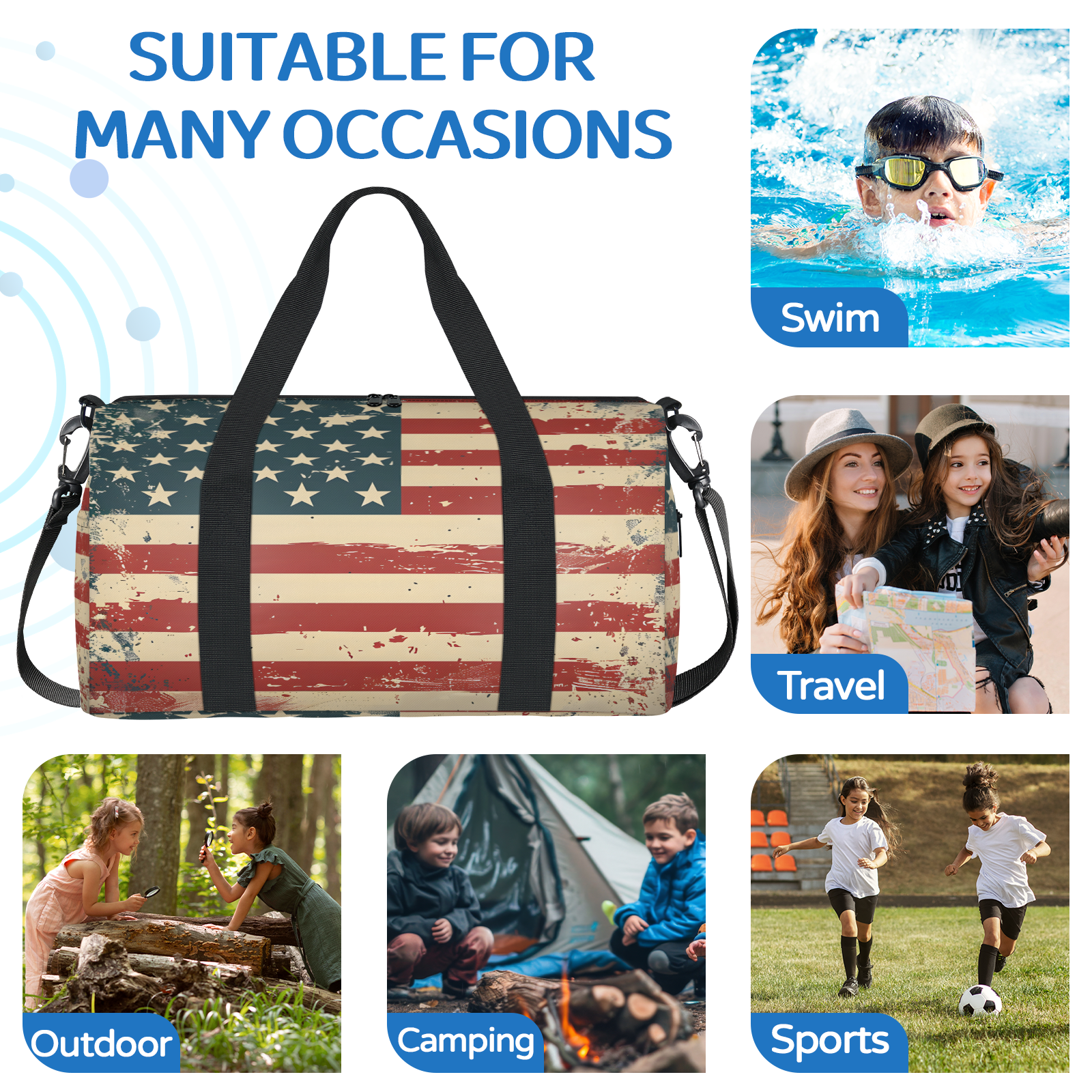Herdesigns Vintage American Flag Travel Duffle Bag Sports Yoga Weekender Overnight Carry on Workout Bags Lightweight Waterproof Gym Tote Bag for Women 4th of July