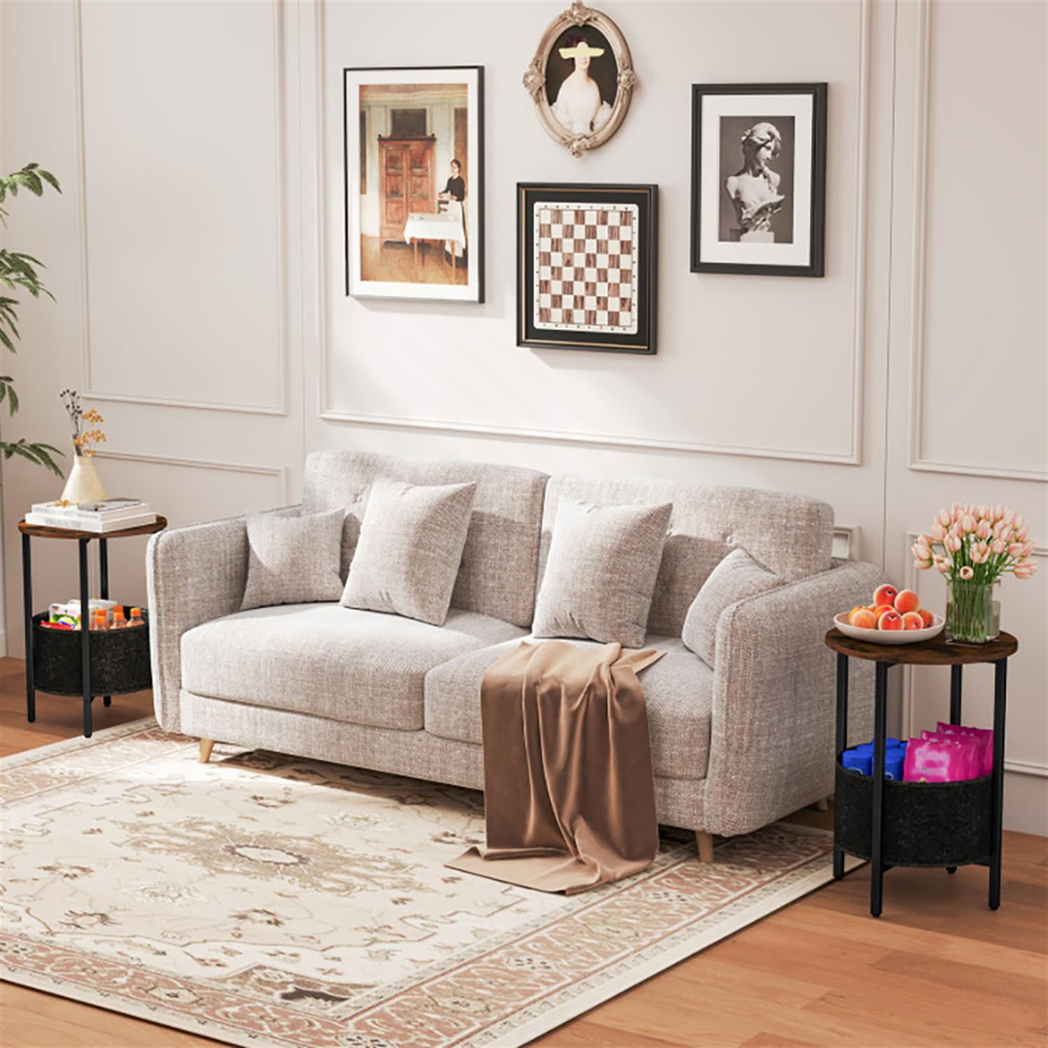 Demi Bonn Round Sofa Side Table, 2-Tier End Table with Removable Fabric Basket and Metal Frame, Nightstand for Small Spaces, Living Room, Bedroom, Brown