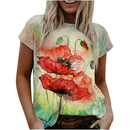 

Green Tops for Women Corset Tops for Women Fashion Casual Short Sleeve Printed O-Neck Blouse Loose T-Shirt Ladies Tops T Shirts for Women Green S