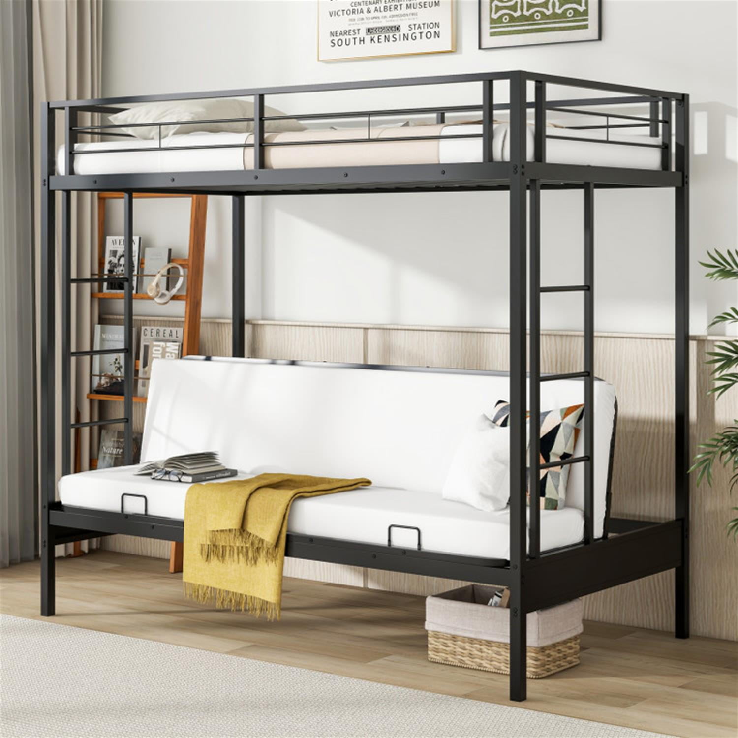 Demi Bonn Twin Over Futon Bunk Bed with 2 Ladders and Safety Guardrails, Metal Bunkbeds for Bedroom, No Box Spring Needed, Black
